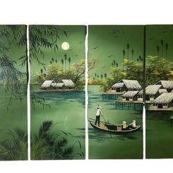 4 Vintage Vietnamese Asian Lacquer Panels River Huts Boat