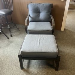 PATIO SET: Light blue Patio Chair & Ottoman w/ light blue cushions As-Is (wear & tear) SKU NVRBCE