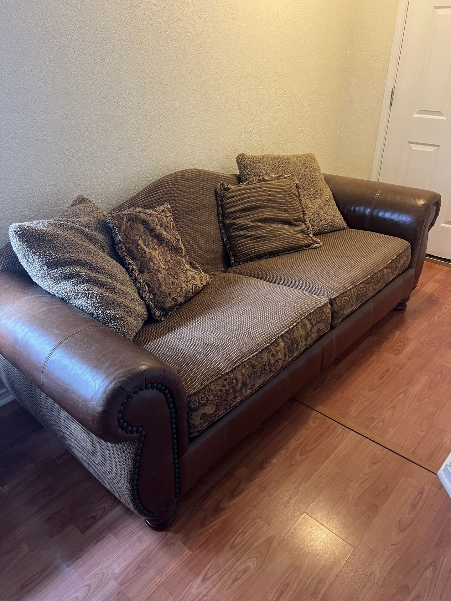 Top grain leather and fabric couch. Need Gone ASAP - $150 OBO