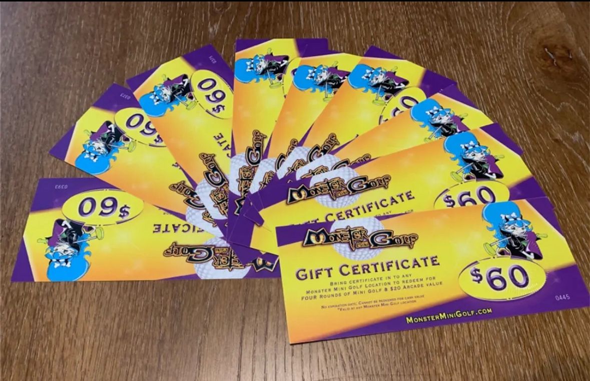 Gift Certificates to "Monster Mini-Golf" family entertainment center (Mini golf/Bowling/Arcade games, Laser tag, Virtual reality and more) in frisco,