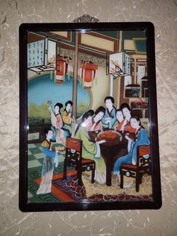 Antique Chinese Reverse Painting on Glass Court Ladies gathering 20th 17x23
