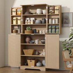 Tall Kitchen Pantry with Rattan Doors, Storage Cabinet with Organizer, Adjustable Shelves $150