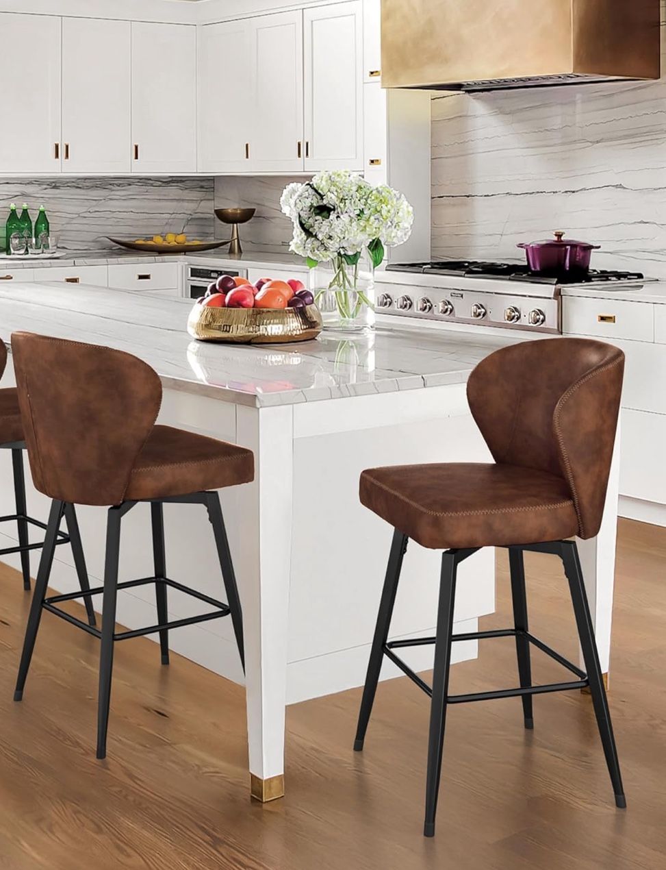 LUE BONA 26 Inch Swivel Bar Stools Set of 2, Counter Height Bar Stools with Back, Upholstered Counter Stools, Faux Leather with Stitching, Metal Legs,