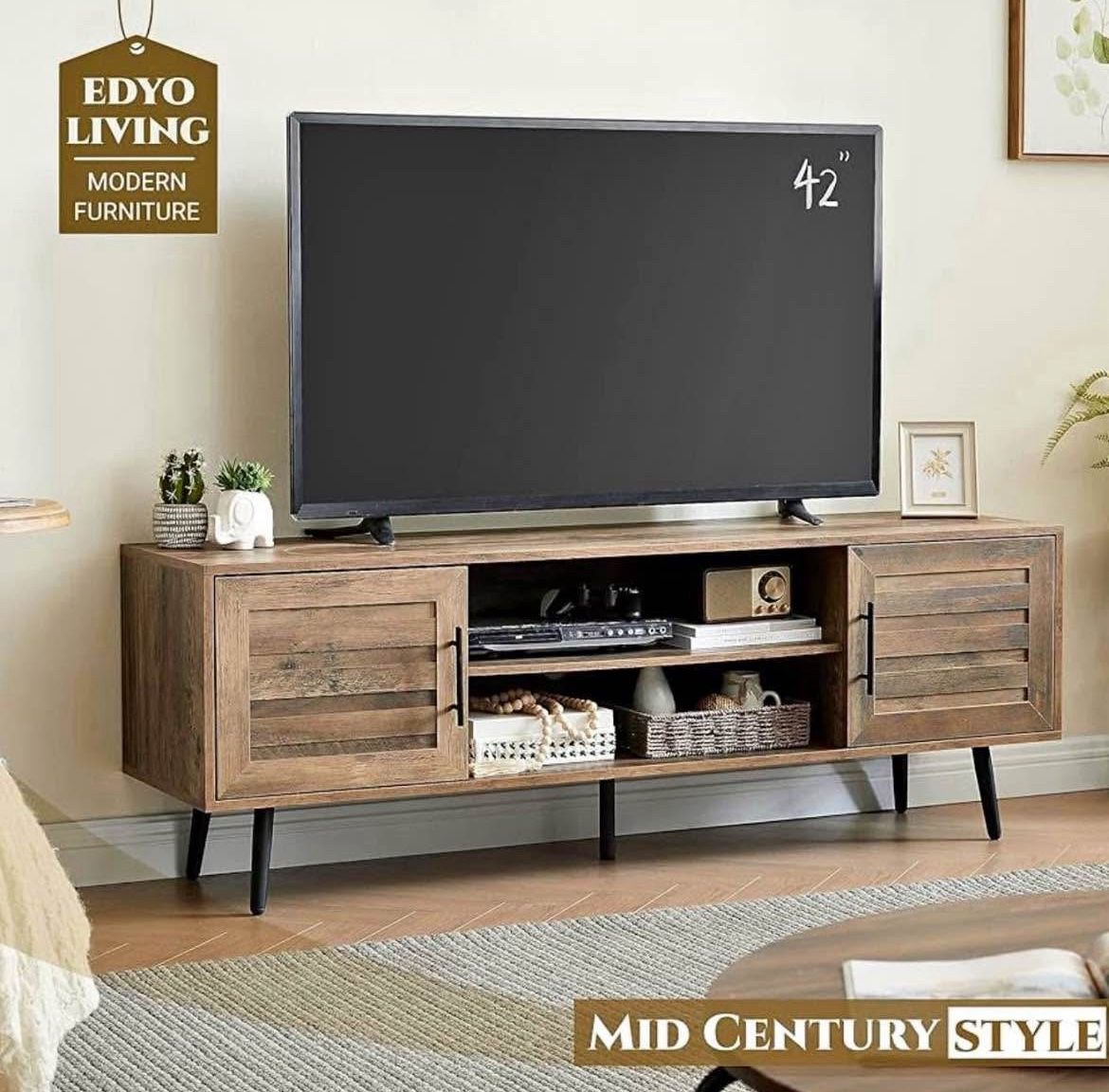 LIVING 65" Mid Century Modern TV Stand, Wood TV Stand with Storage Cabinet and Open Shelf for Televisions up to 65", Entertainm