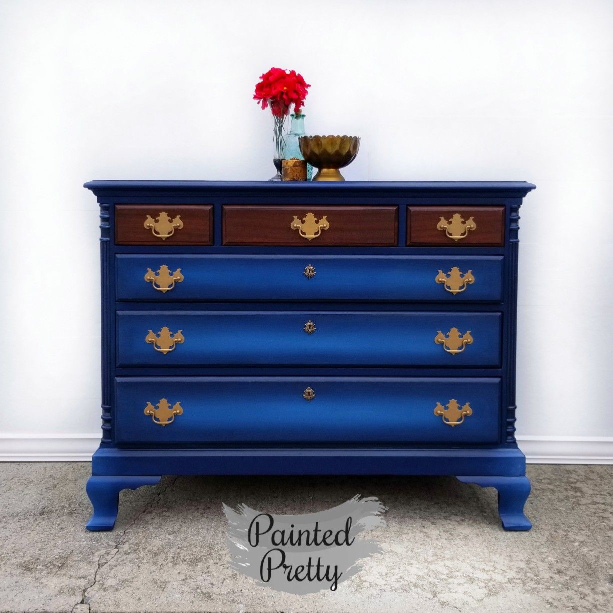 Solid wood blue dresser with stained drawers