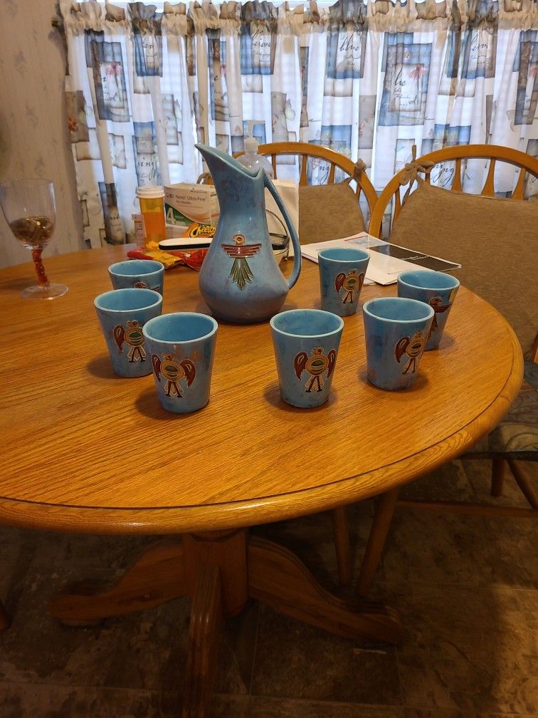 Mid-century Glaze Picture And Cups With Thunderbird Design