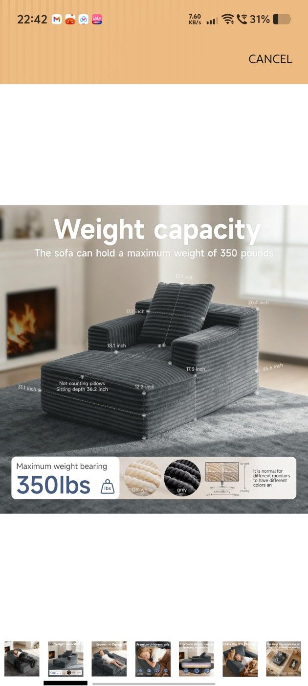 45'' Chaise Lounge Chair Indoor, Corduroy Upholstered Boneless Sofa Bed, Deep Seat Sleeper Couch Rea