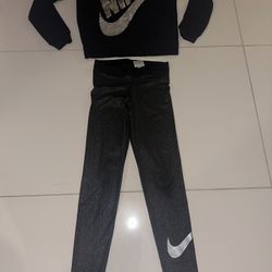 Nike Women Outfit Set Black Silver Gym Training Walking Exercise Active Clothes Leggings Sweater Glitter Shimmer Sequin Small Tights Workout 