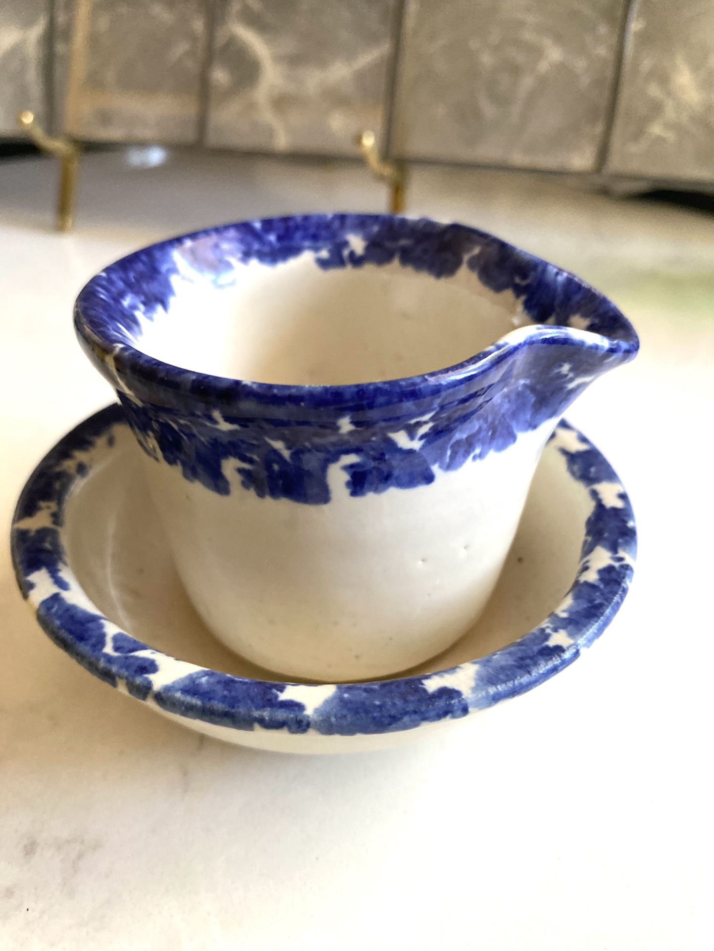 Vintage Studio Blue & White Spongeware Pottery Creamer & Sugar Bowl - Artist signed Neher By NW Artists Neher (Bob & Corina Neher of Clay in Motion)