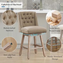 Various Bar Stool 26" Swivel Bar Stools Set of w, Counter Height Barstools with Back, Linen Fabric Upholstered Bar Stools, Modern Barstools Wood Legs 
