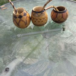 3 Natural Mate Gourds With Wooden straws