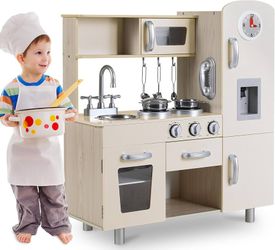 Kids Kitchen Playset, Preschool Cooking Kitchen, Toddler Wooden Pretend Play Toy w/Fridge, Stove, Cookware Utensil, Phone, Clock, Water Dispenser, Cab