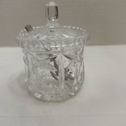 Vintage Crystal Lidded Sugar Bowl with Metal Spoon