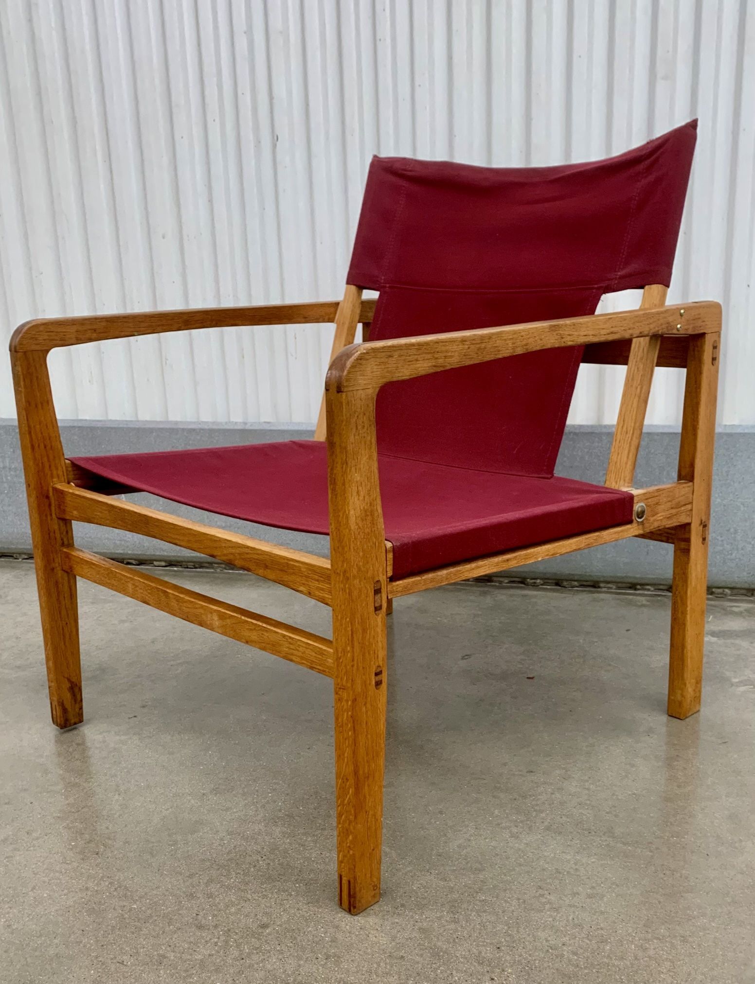Mid-century 1940’s danish oak frame w/ red canvas safari lounge Chair
