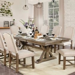 🔥 JUST IN 🔥 Brand New Rustic Light Oak, Beige Expandable 9pc Dinimg Table Set