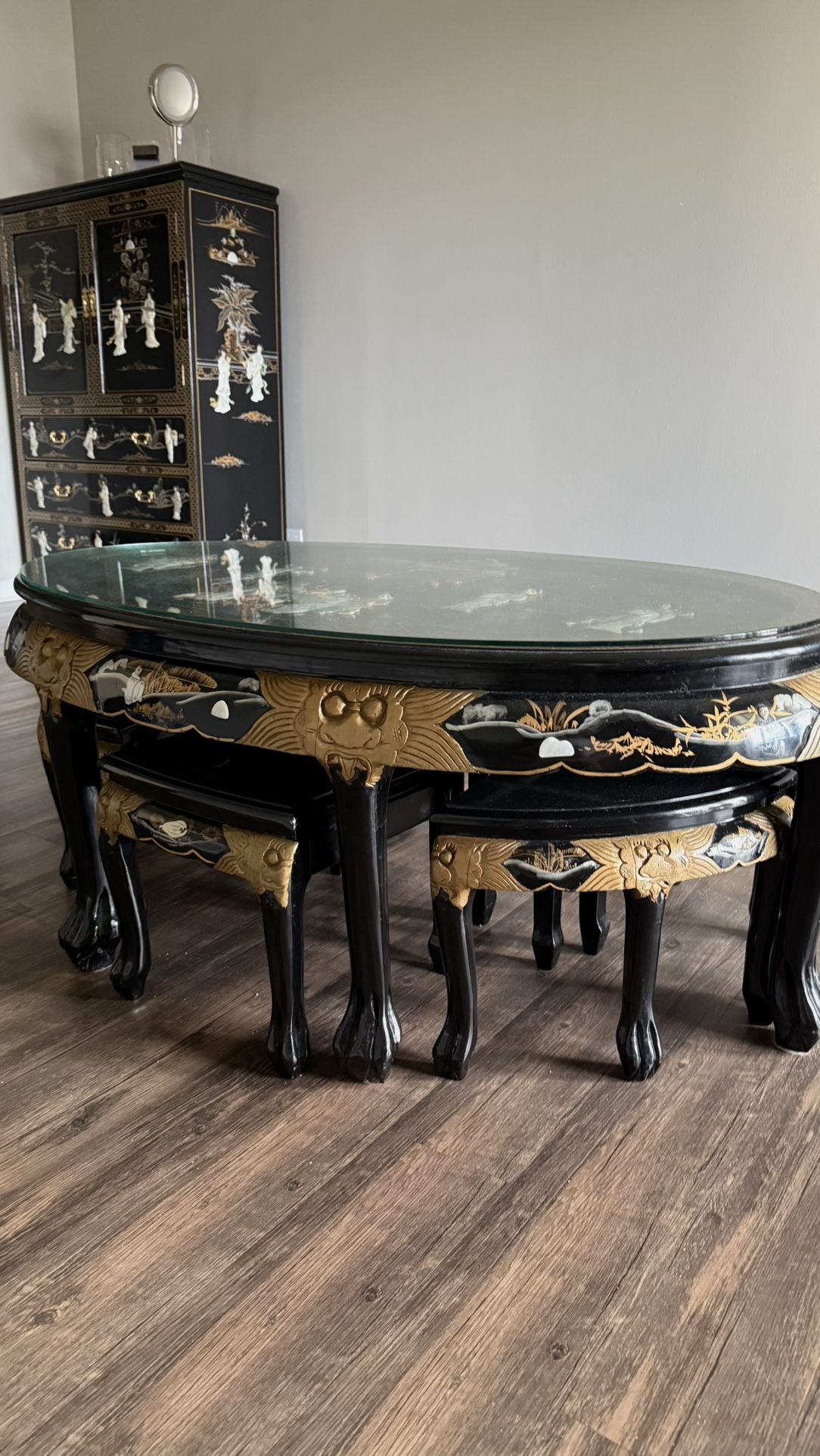 Vintage Asian Style Furniture Set – Coffee Table, 6 Chairs & Cabinet