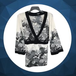 Apt. 9 Black & White Floral Peplum Tie Tunic/Kimono Blouse Women XL