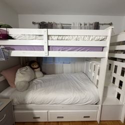 White Twin Bunk Bed with Trundle, Stairs & Storage — 2 Mattresses Included!