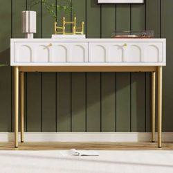 PATERSON Brand new white double drawer table with gold metal legs