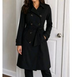 London Fog Womens Black Double Breasted Belted Trench Coat Large