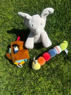 Nursery room toys! Gund elephant, crinkly caterpillar, and lullaby owl