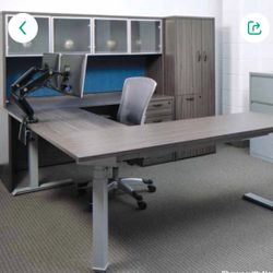 L Shaped Electrical Height Desk With Hutch And Shelf