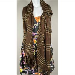 Vintage Wool Brown Tartan Scarf with twisted ends