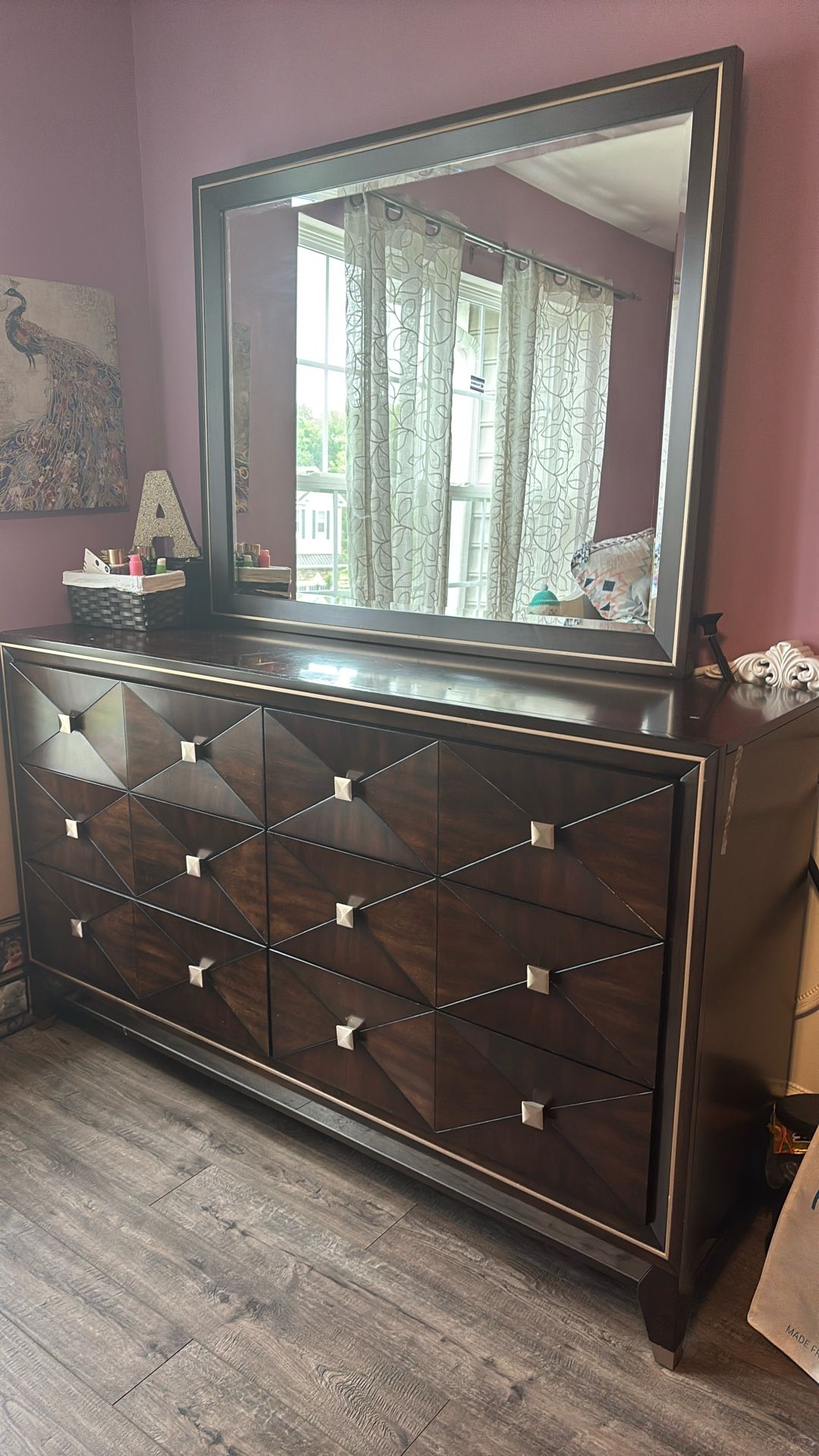 Brown Wood and Gold Dresser 6.5 ft