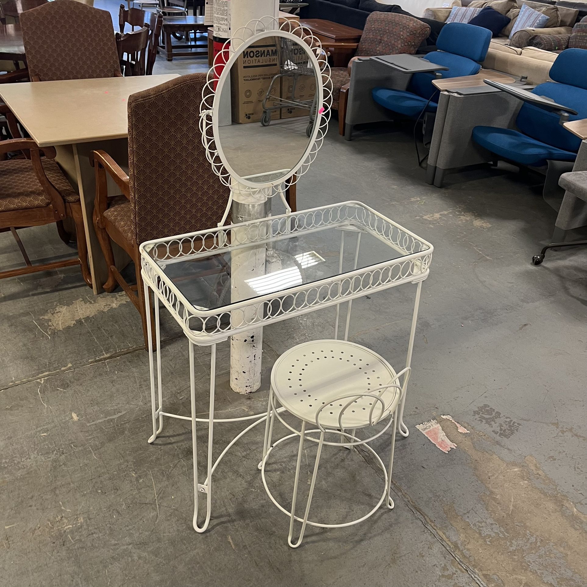 White Glass Metal Vanity And Chair (in Store)