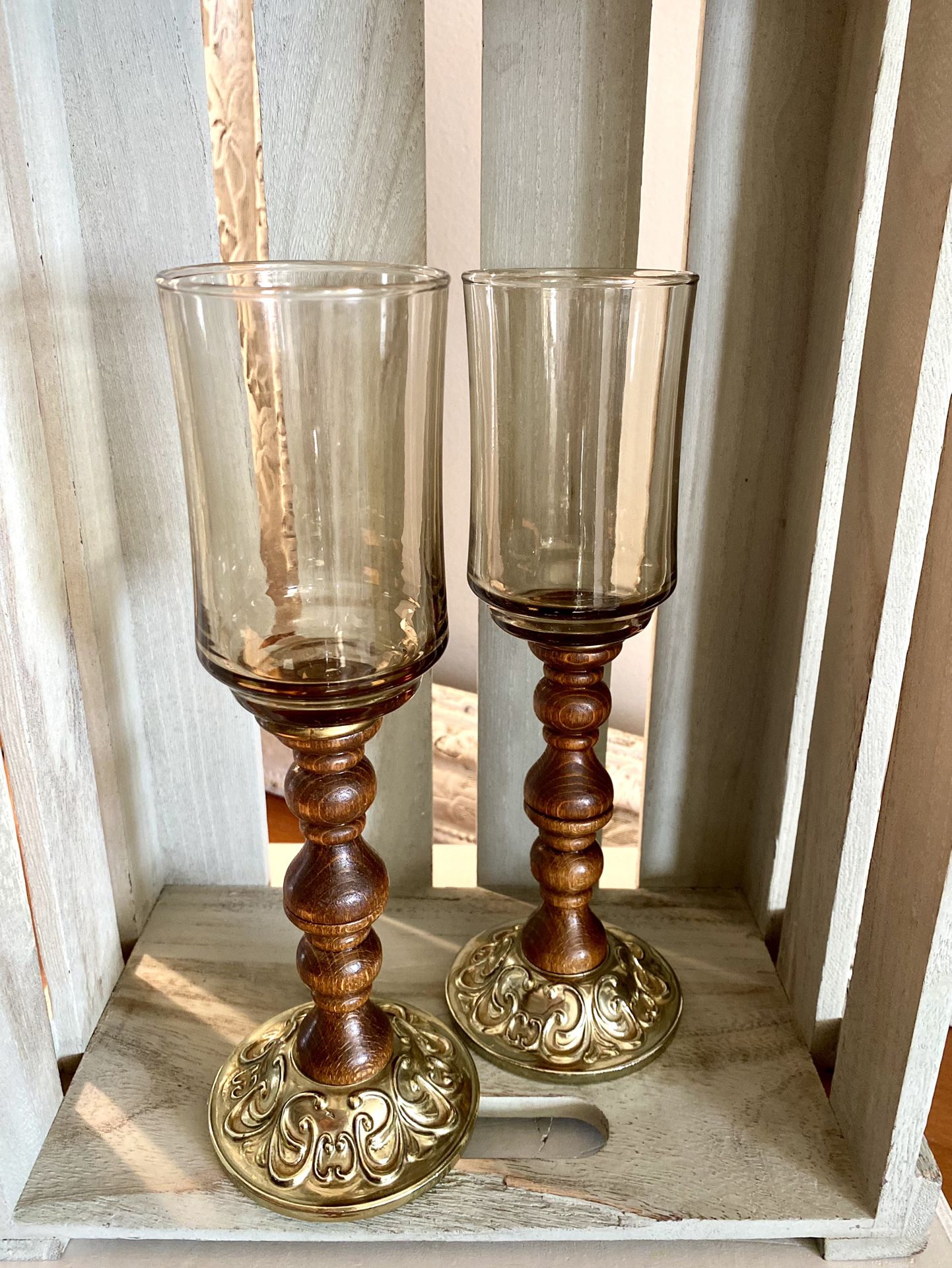 Set Of Wood, Brass & Glass Candle Stems