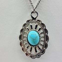 Southwestern Faux Turquoise Silver Tone Oval Pendant Necklace