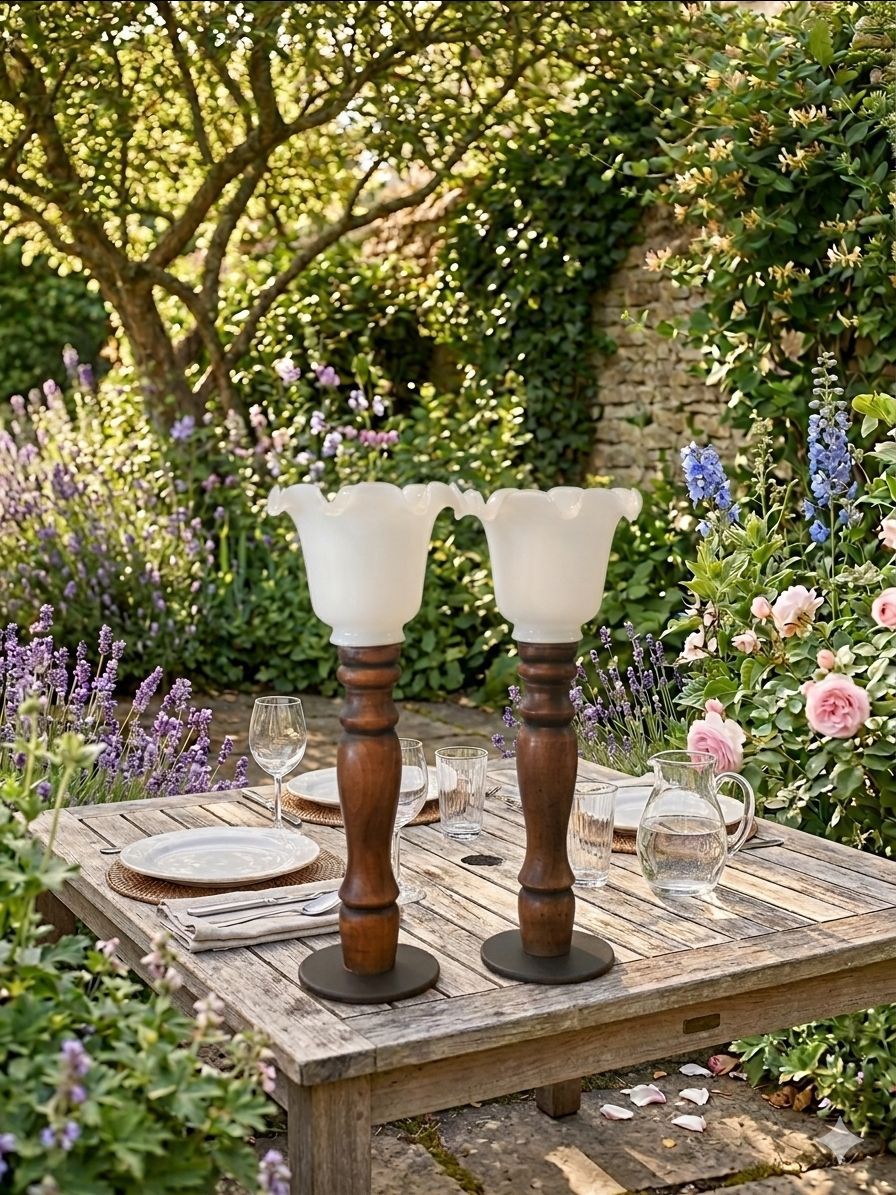Pair Vintage turned wood candlesticks featuring ruffled white milk glass inserts