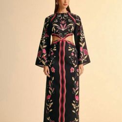 Women's Holiday Boho Black Tropical Floral & Ombre Lace Trim Long Sleeve Waist V-Neck Hollow Drawstring Waist Maxi Length Vacation Dress