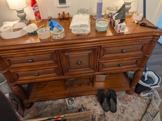 Very large wood table with leaf and 6 chairs; matching credenza
