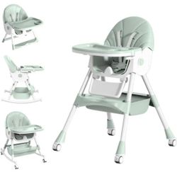 Baby High Chair, 5 in 1, Foldable, Removable Tray, Adjustable Height & Recline, Locking Wheels