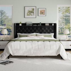 King Size Platform Bed Frame with Charging Station, Velvet Wingback Headboard with Storage Shelf, Wooden Slats Support, Ample Under-Bed Space, No Box 