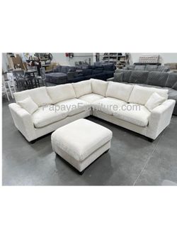 New Ivory Sectional Sofa And Ottoman, Sectional Couch, Sofa, L-Shaped Couch, Beige Sectional , Plush Corduroy Sectional, Sofa And Ottoman,White Couch