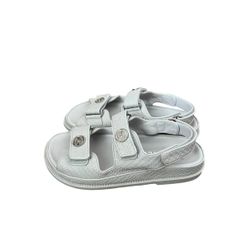 Chanel Textured White Leather Gold Logo Dad Flat Double Strap Slingback Sandals