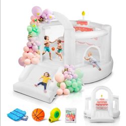 12FT White Inflatable Bounce House With Slide For Kids Birthday Party
