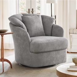 Oversized Gray Fabric Upholstered Swivel Accent Chair with Double Cushion Modern Swivel Barrel Chair