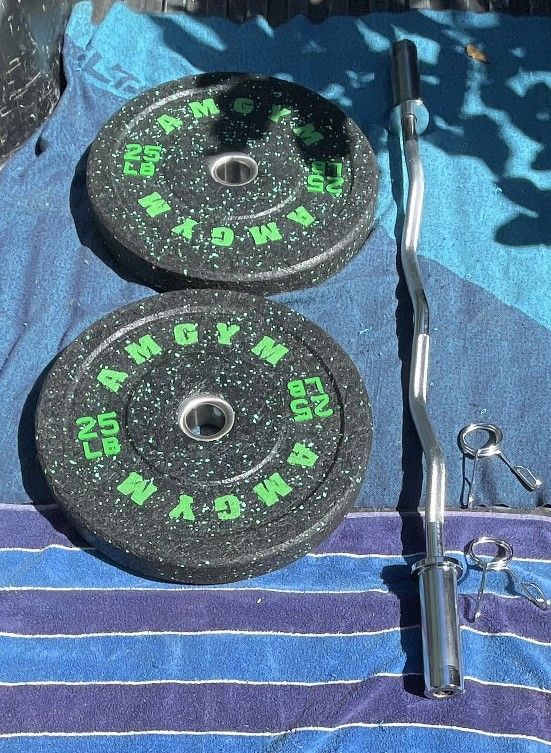 PAIR OF OLYMPIC 25 LB. BUMPER PLATES & NEW OLYMPIC EZ CURL BAR