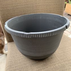 Large Plastic Flower Pot In Gray W/ White Raised Accents, Has Drain Holes. Frost Free Material , 11 Inches Wide 7 Inches Deep