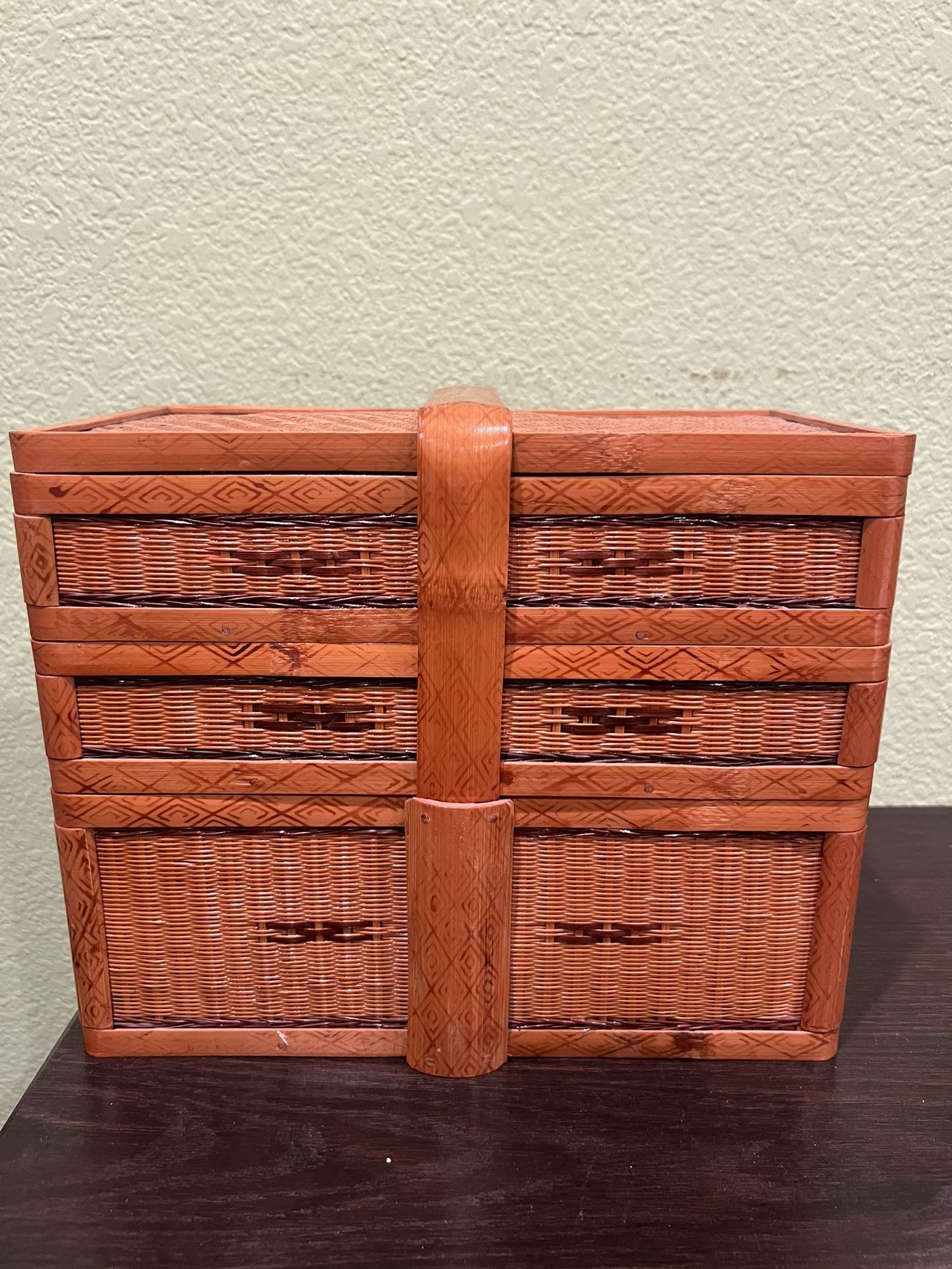 Vintage Chinese Rattan Food Picnic Three Tier Basket 1950s 9”Hx 11”Wx6”D