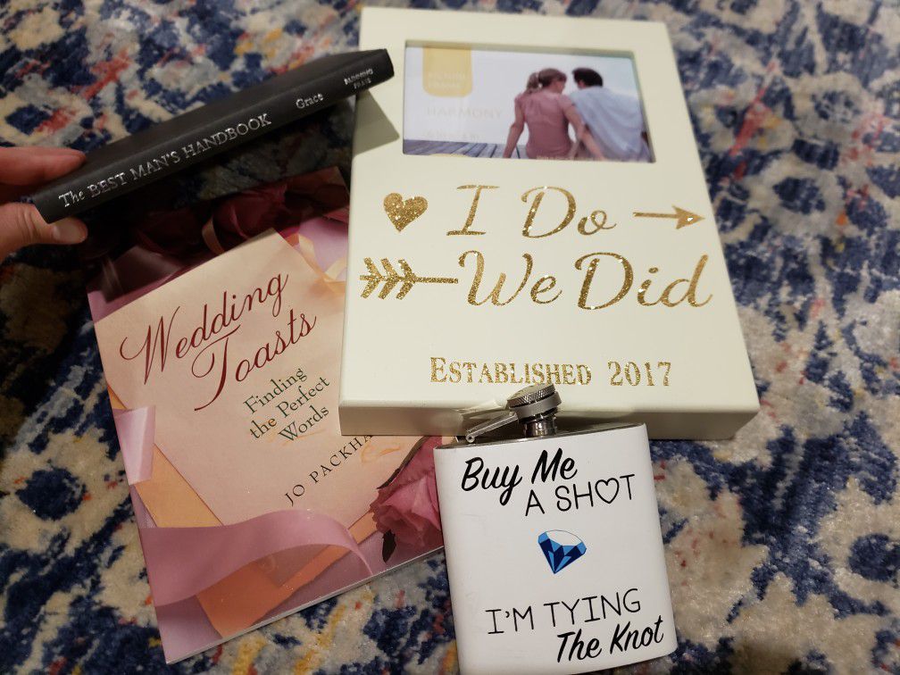 Wedding book, flask, and frame