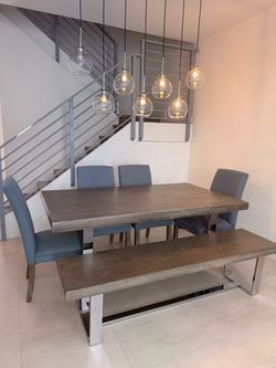 Modern Greige Dining Table Set with Bench & 4 Chairs