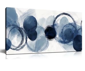 40x20 Inches Blue Watercolor Circle Abstract Canvas Wall Art, Modern Indigo Circular Print Wall Decor, Minimalist Picture for Living Room Bedroom Offi