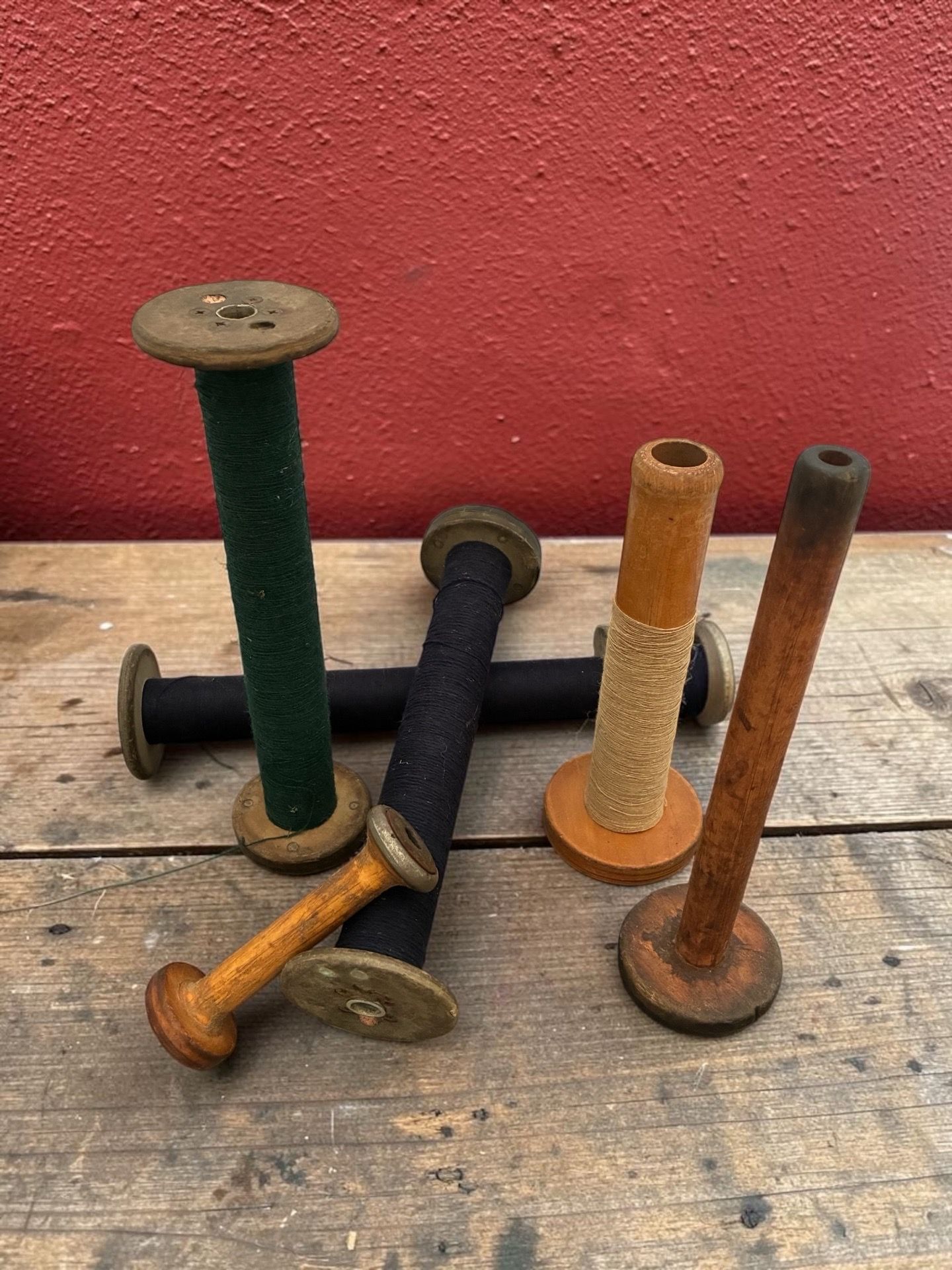 Antique collection of wood spools from closed South Carolina textile mill - Group of 6