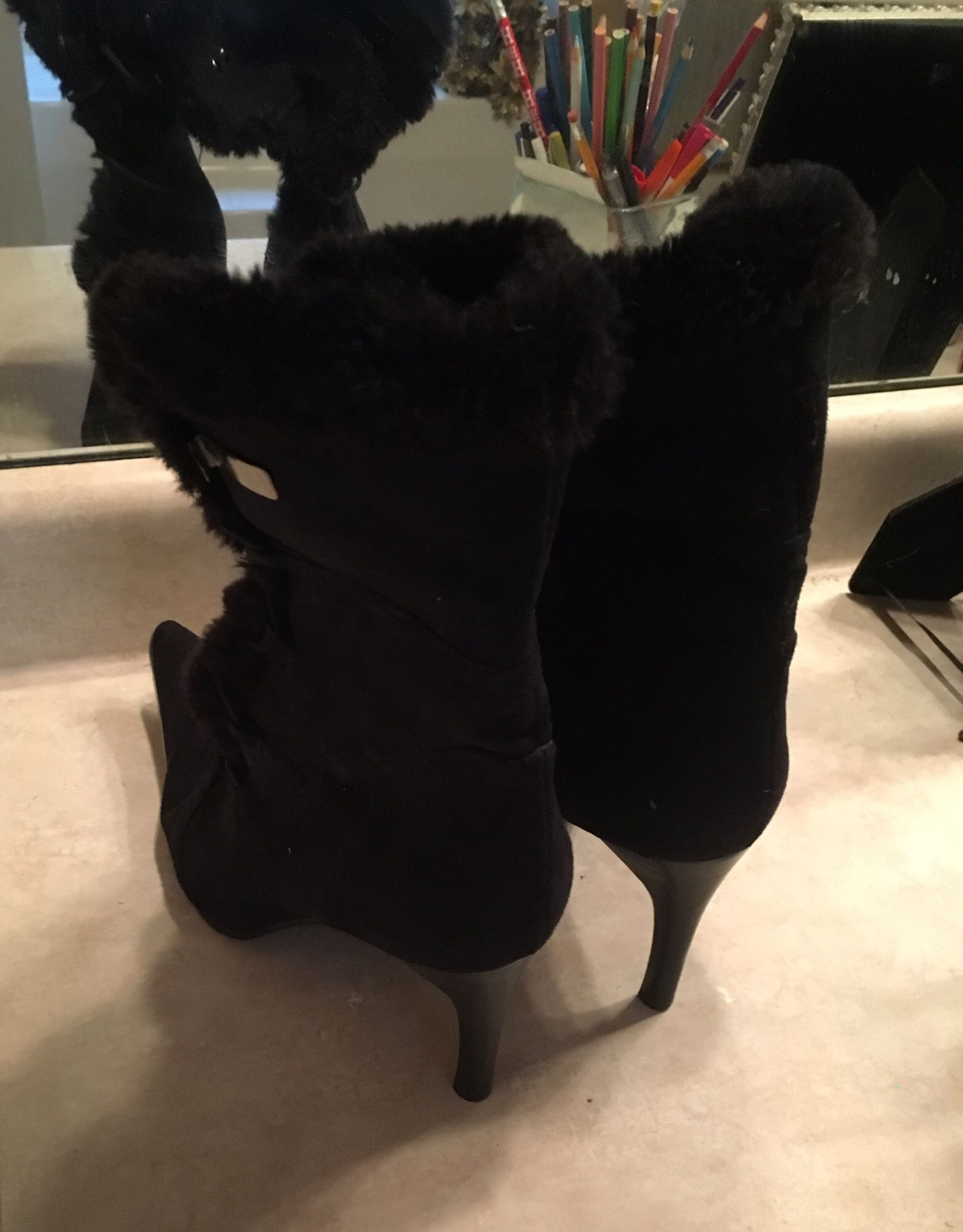 Black Friday Special! Black Suede Fur Boots - Size 8
