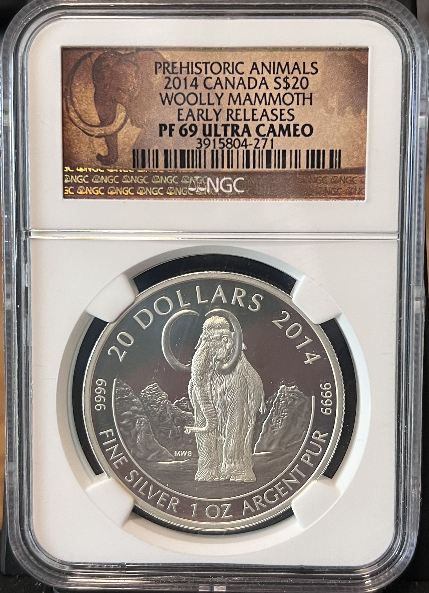 2014 Canada S20 Proof Coin • Prehistoric Animals Series: Woolly Mammoth • Early Releases Label • 1 oz Fine Silver • NGC PF69 Ultra Cameo