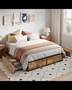 Rustic Industrial Queen Platform Bed Frame with 4 Storage Drawers